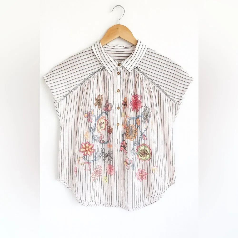 Anthropologie Pilcro Embroidered Floral Boho Blouse Striped  Top Peasant Chic